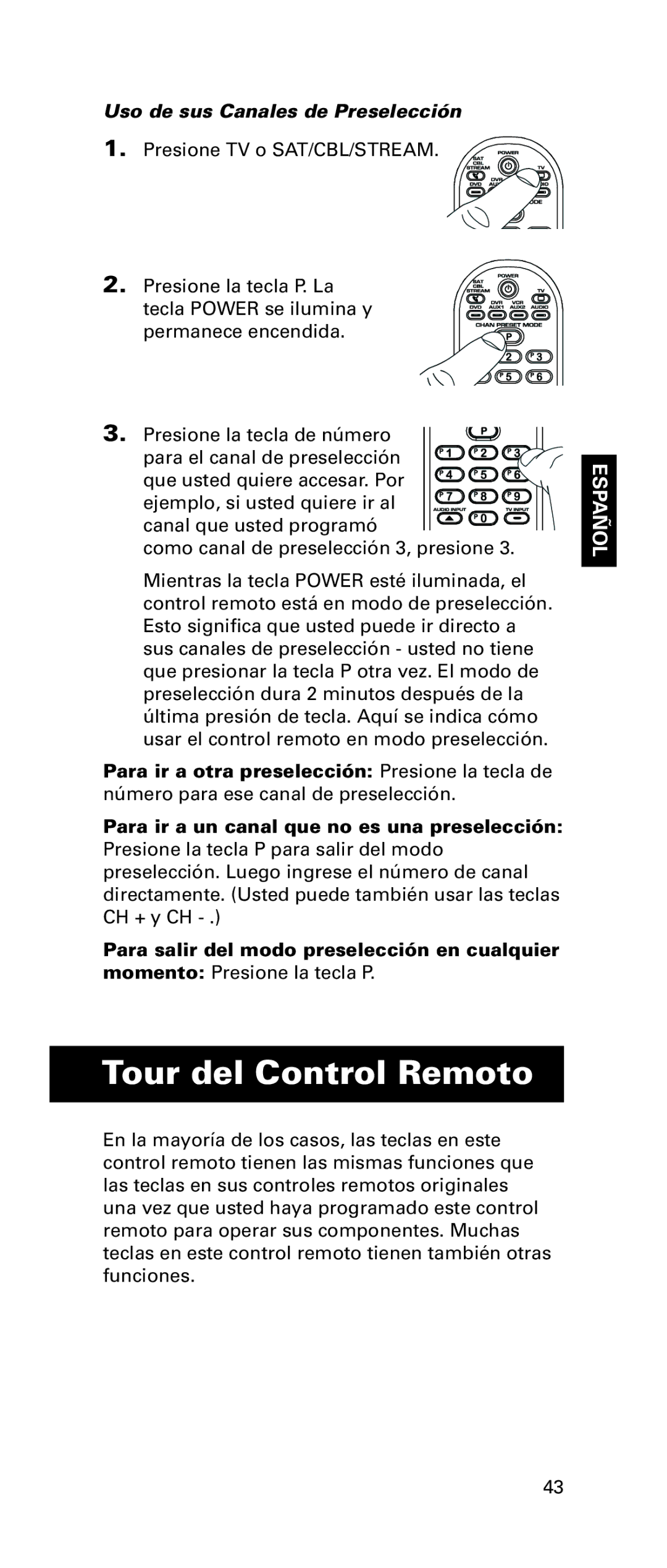 RCA RCRPS06GR owner manual Tour del Control Remoto, Uso de sus Canales de Preselección 