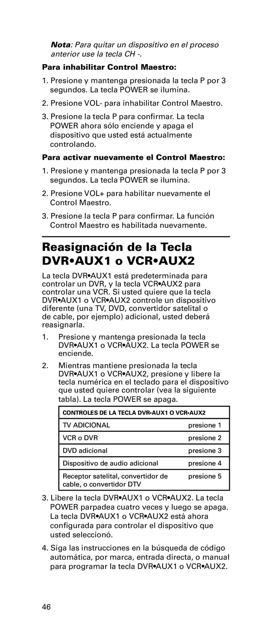 RCA RCRPS06GR owner manual Reasignación de la Tecla DVRAUX1 o VCRAUX2, Para inhabilitar Control Maestro 