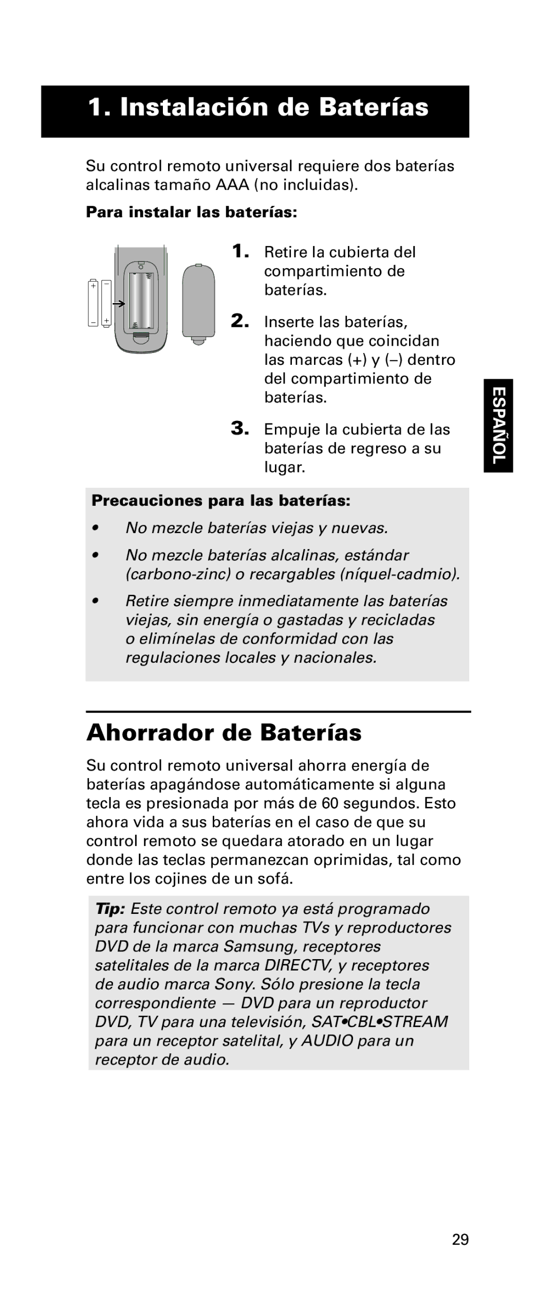 RCA RCRPS06GR owner manual Ahorrador de Baterías, Para instalar las baterías, Precauciones para las baterías 