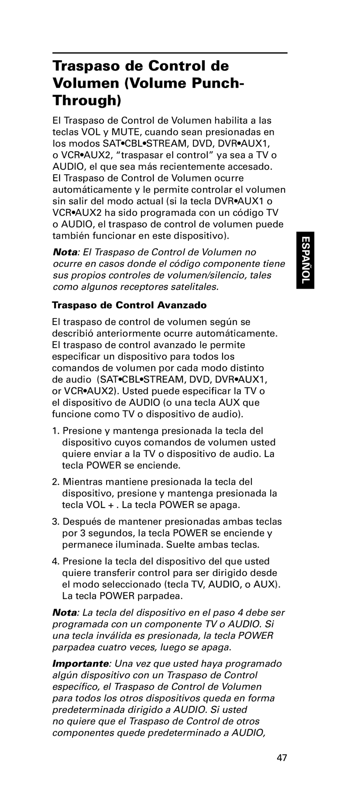 RCA RCRPS06GR owner manual Traspaso de Control de Volumen Volume Punch- Through, Traspaso de Control Avanzado 