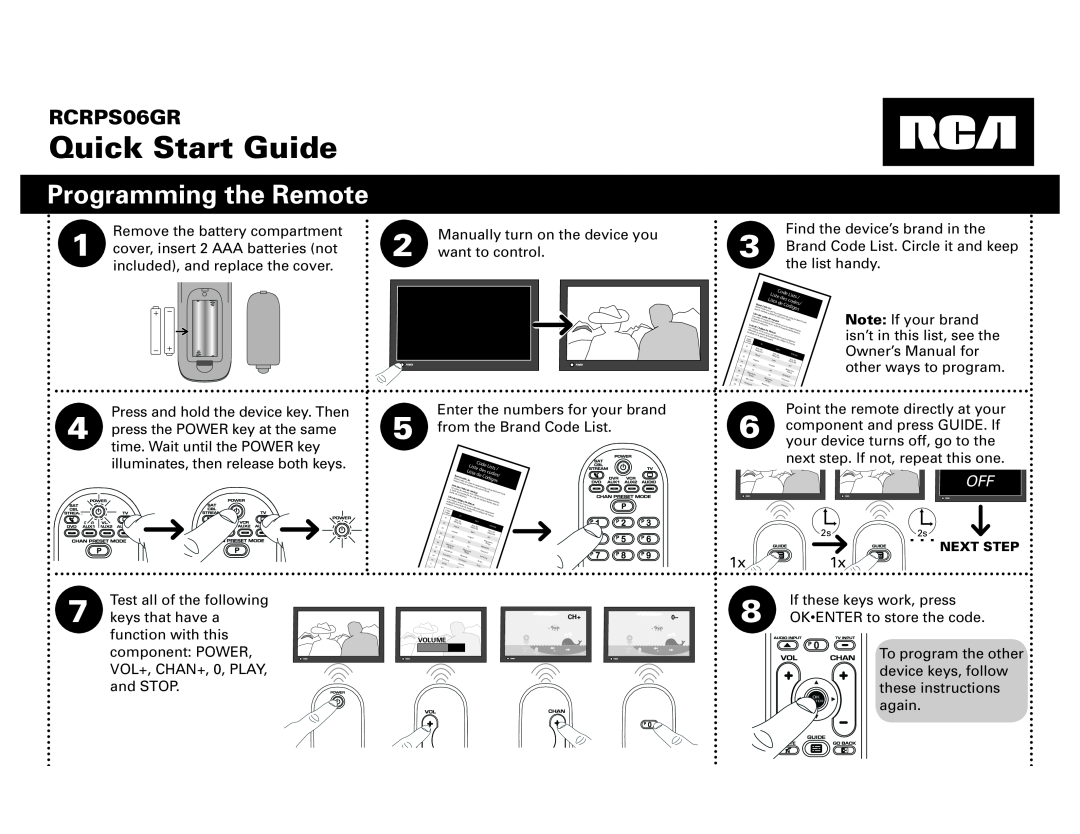 RCA RCRPS06GR quick start Programming the Remote, Quick Start Guide 
