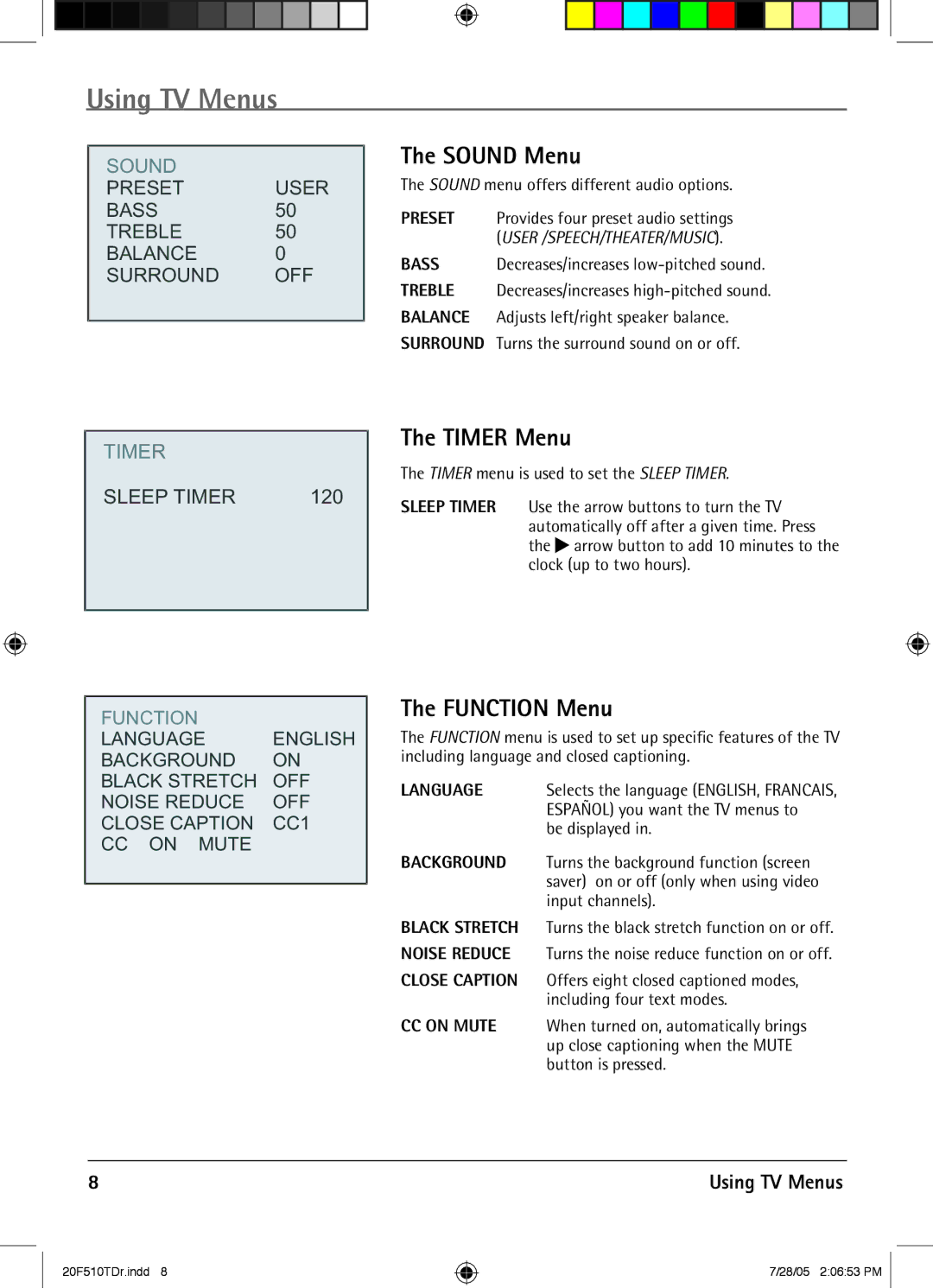 RCA RCRVD2022 manual Sound Menu, Timer Menu, Function Menu 