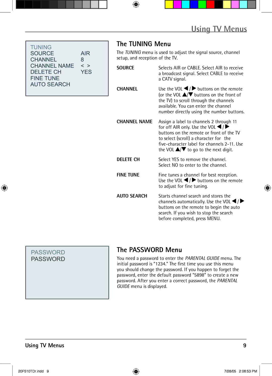 RCA RCRVD2022 manual Tuning Menu, Password Menu 