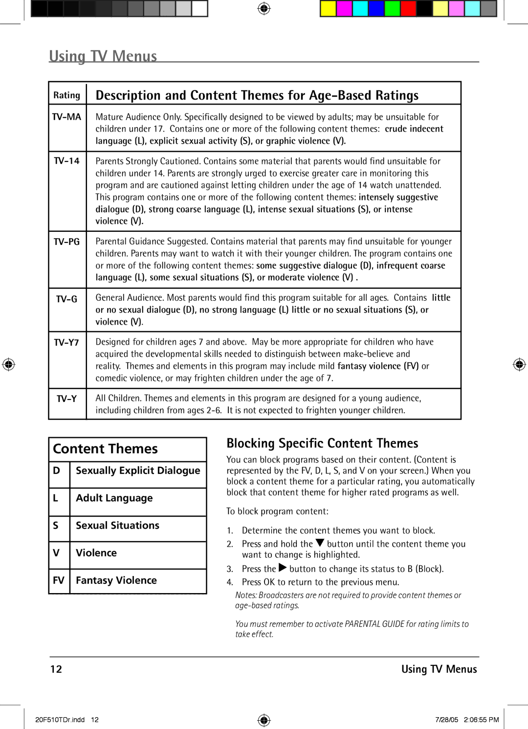 RCA RCRVD2022 manual Blocking Speciﬁc Content Themes 