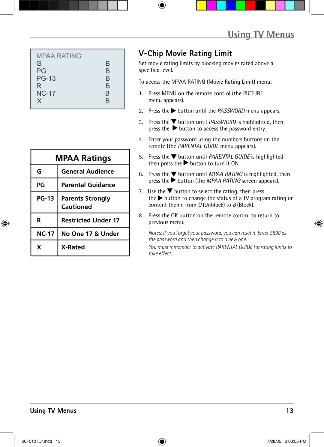 RCA RCRVD2022 manual Mpaa Ratings, Chip Movie Rating Limit 