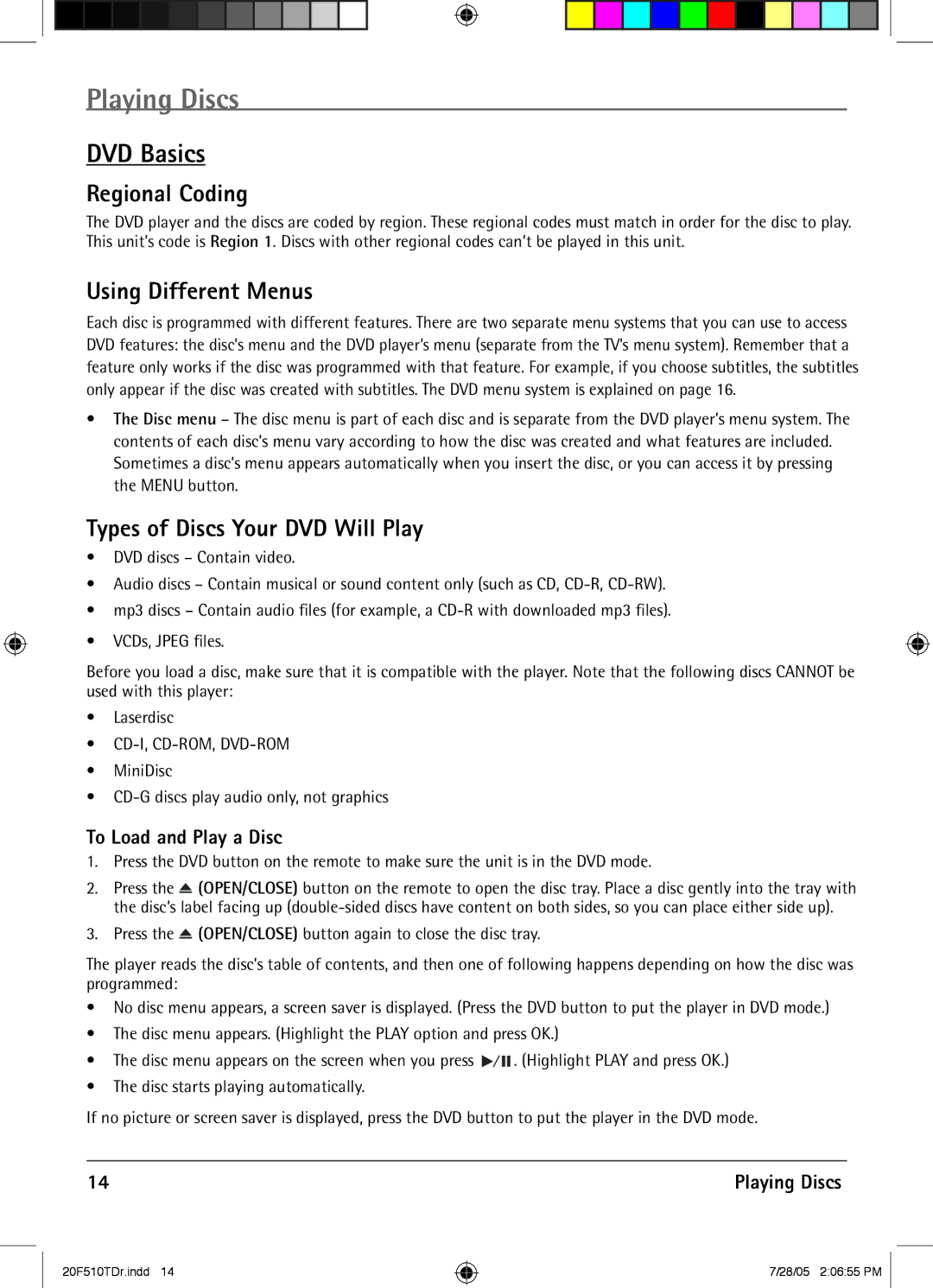 RCA RCRVD2022 manual Playing Discs, DVD Basics, Regional Coding, Using Different Menus, Types of Discs Your DVD Will Play 