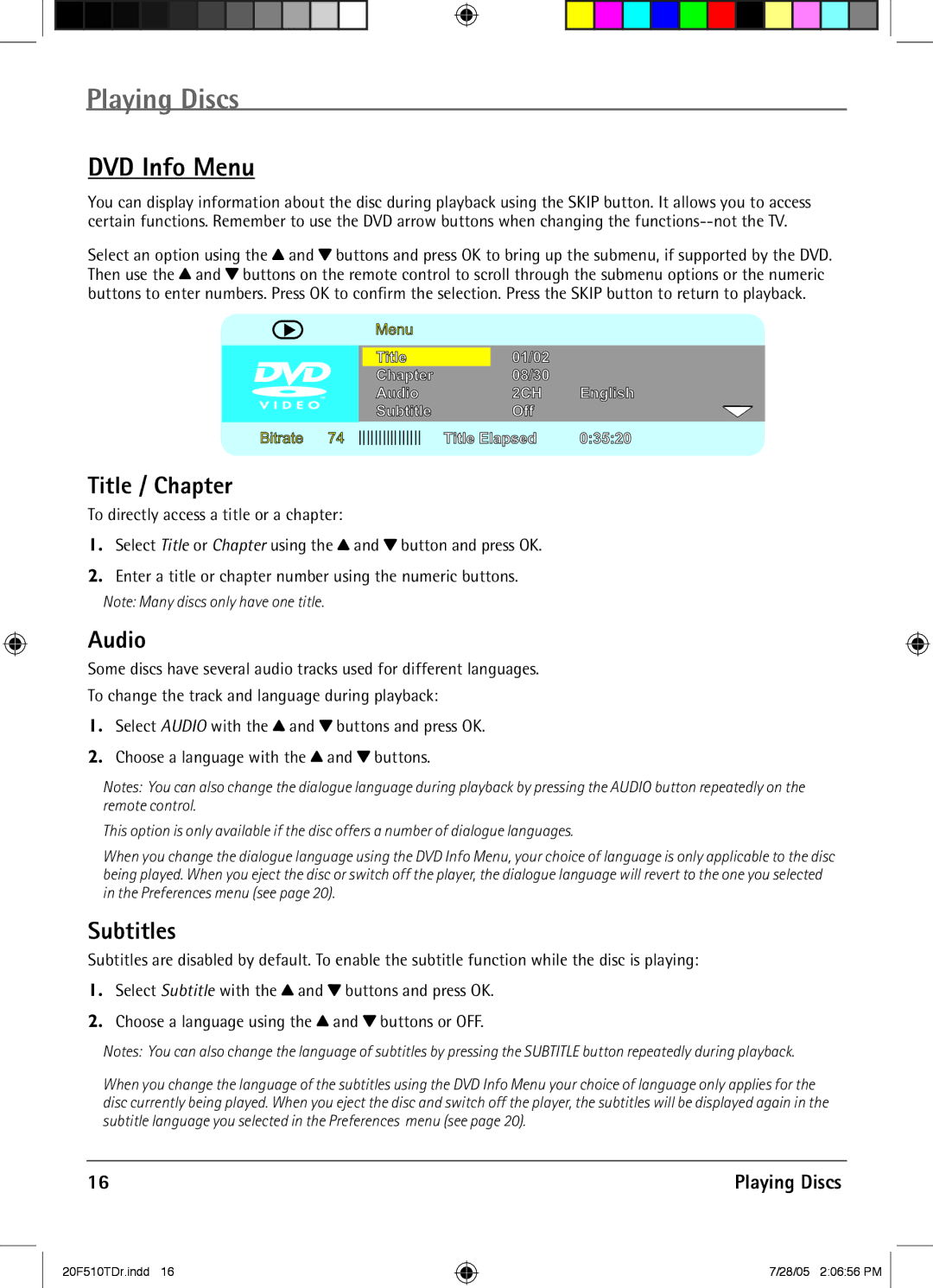 RCA RCRVD2022 manual DVD Info Menu, Title / Chapter, Audio, Subtitles 