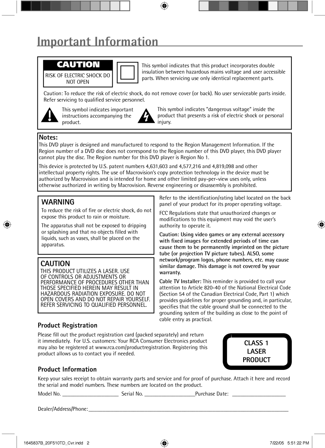 RCA RCRVD2022 manual Important Information, Product Registration Product Information 