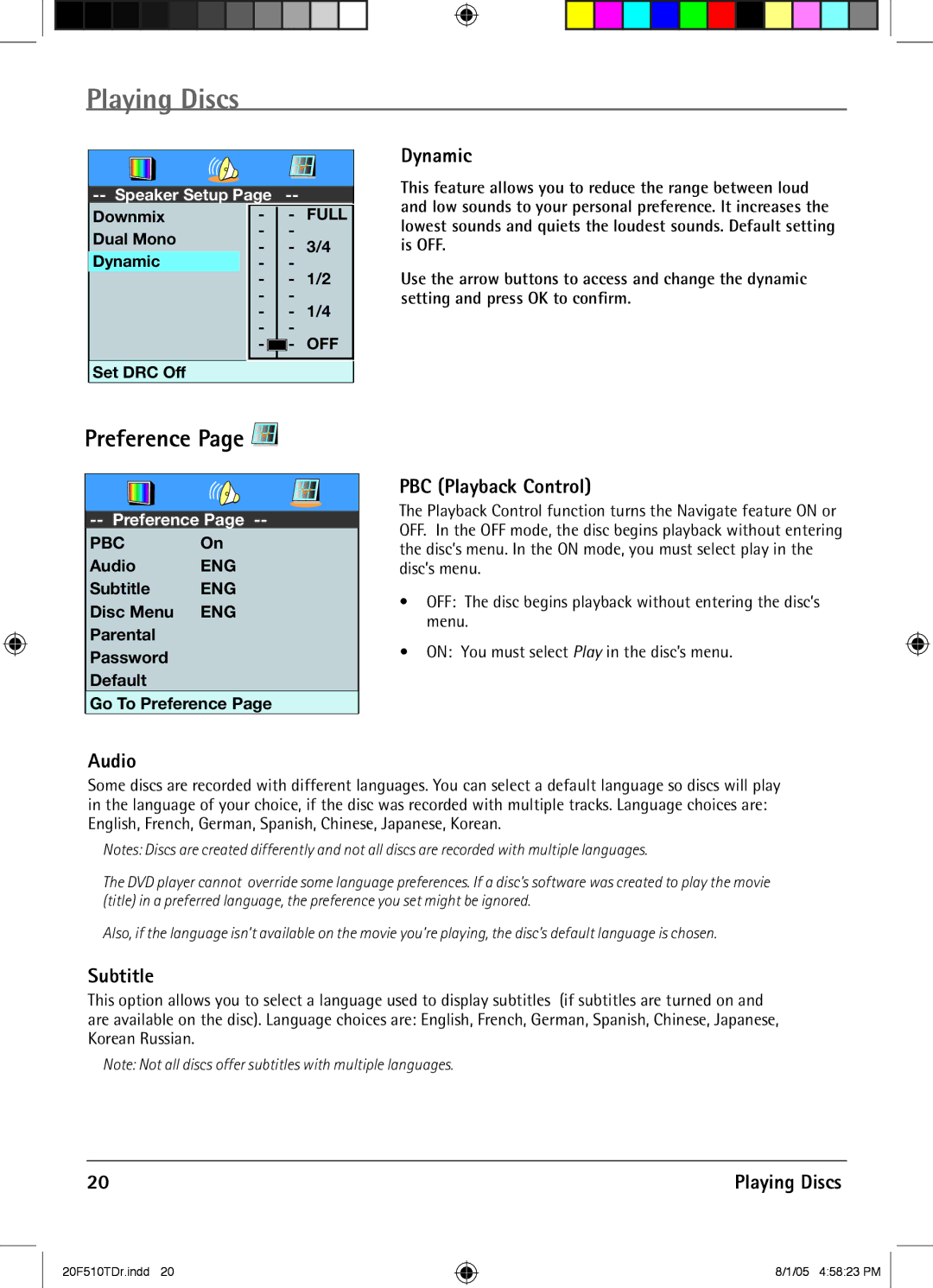 RCA RCRVD2022 manual Preference, Dynamic, PBC Playback Control, Audio, Subtitle 