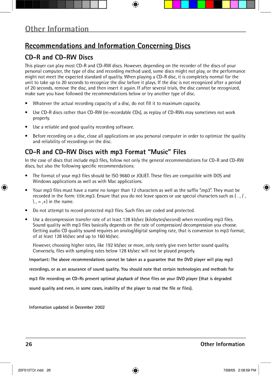 RCA RCRVD2022 manual Recommendations and Information Concerning Discs, CD-R and CD-RW Discs 