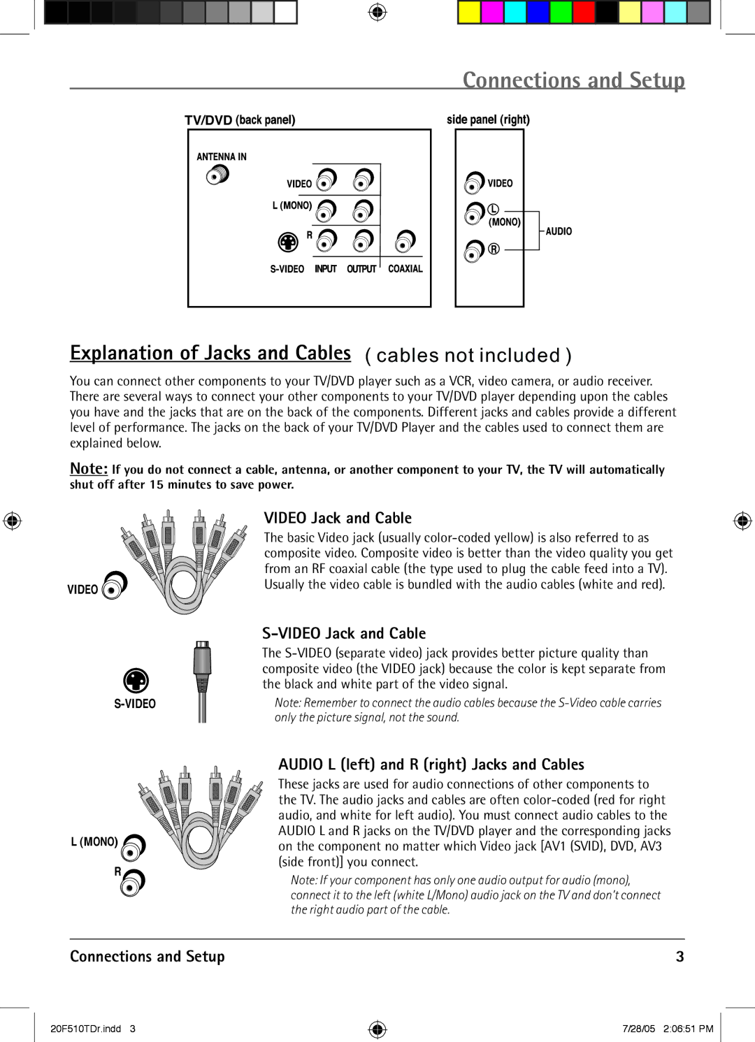 RCA RCRVD2022 manual Explanation of Jacks and Cables cables not included, Video Jack and Cable 