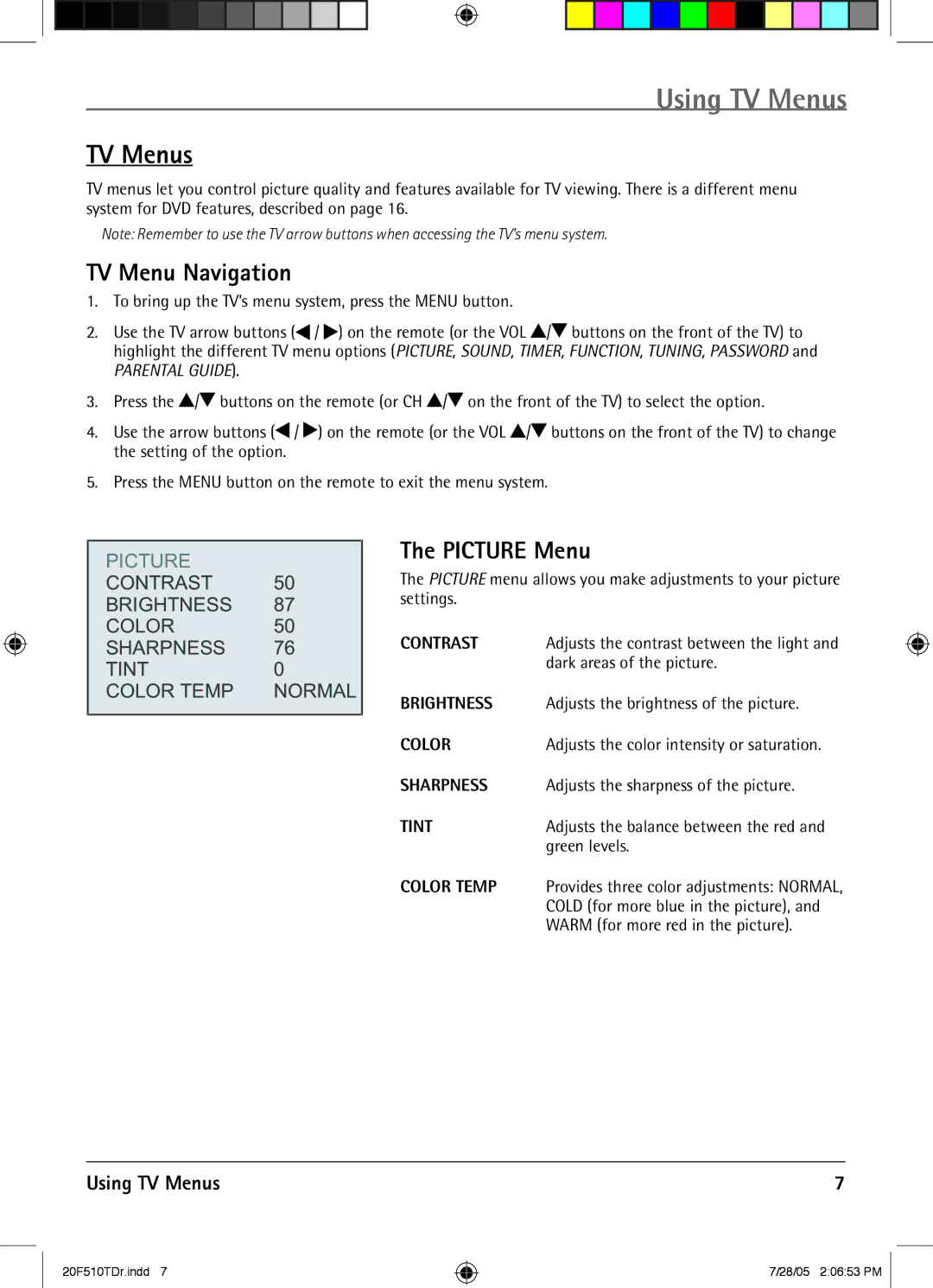 RCA RCRVD2022 manual Using TV Menus, TV Menu Navigation, Picture Menu 