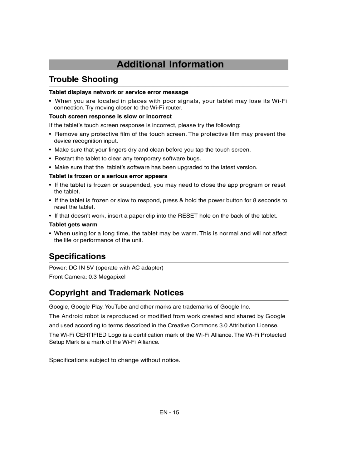 RCA RCT6077W2 user manual Additional Information, Trouble Shooting, Specifications, Copyright and Trademark Notices 