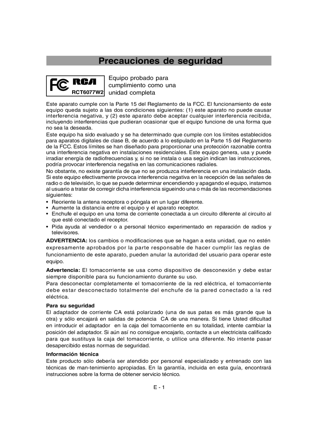 RCA RCT6077W2 user manual Precauciones de seguridad, Para su seguridad, Información técnica 