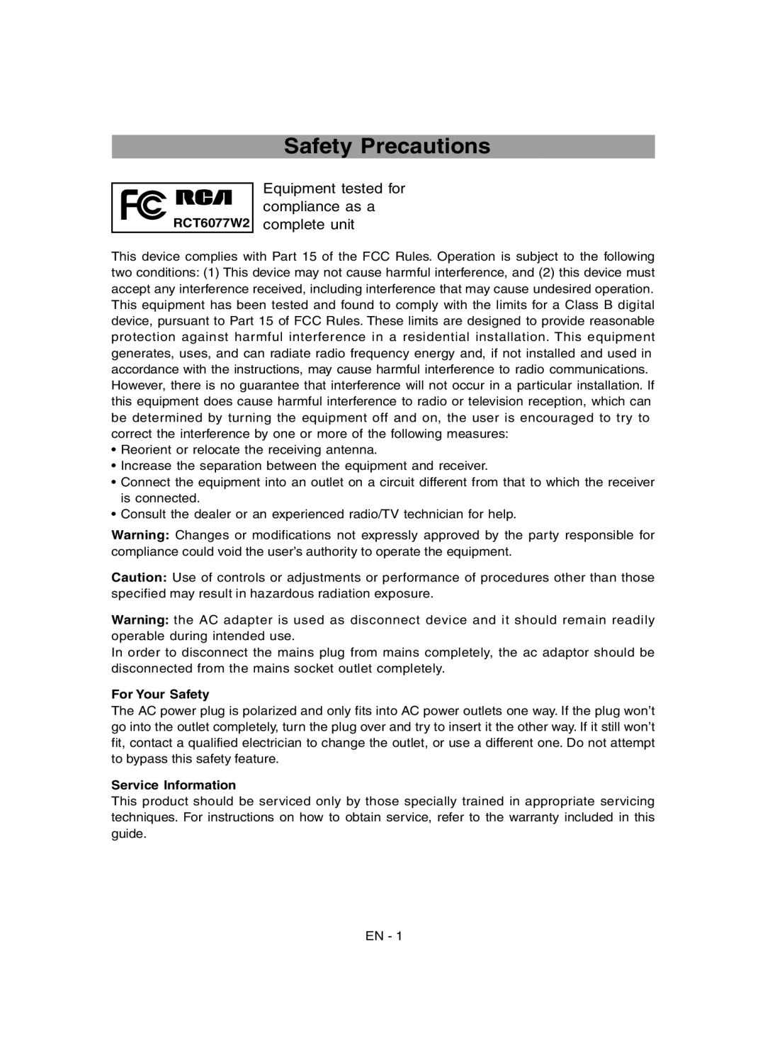 RCA RCT6077W2 user manual Safety Precautions, For Your Safety, Service Information 