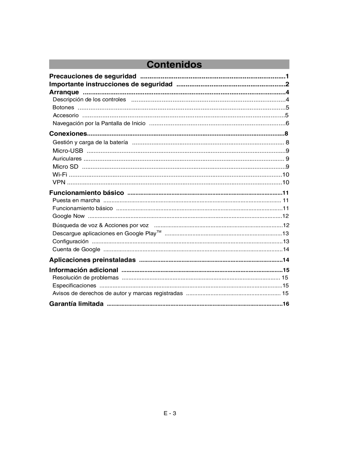 RCA RCT6077W2 user manual Contenidos, Conexiones, Funcionamiento básico, Aplicaciones preinstaladas Información adicional 