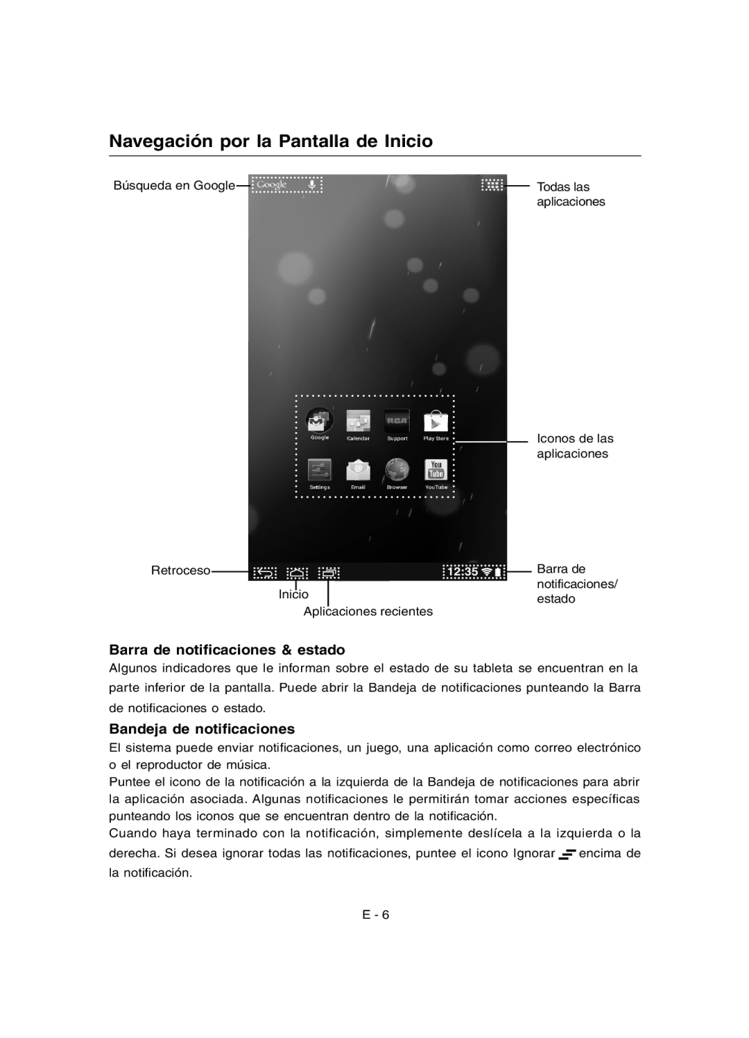 RCA RCT6077W2 user manual Navegación por la Pantalla de Inicio, Barra de notiﬁcaciones & estado, Bandeja de notiﬁcaciones 