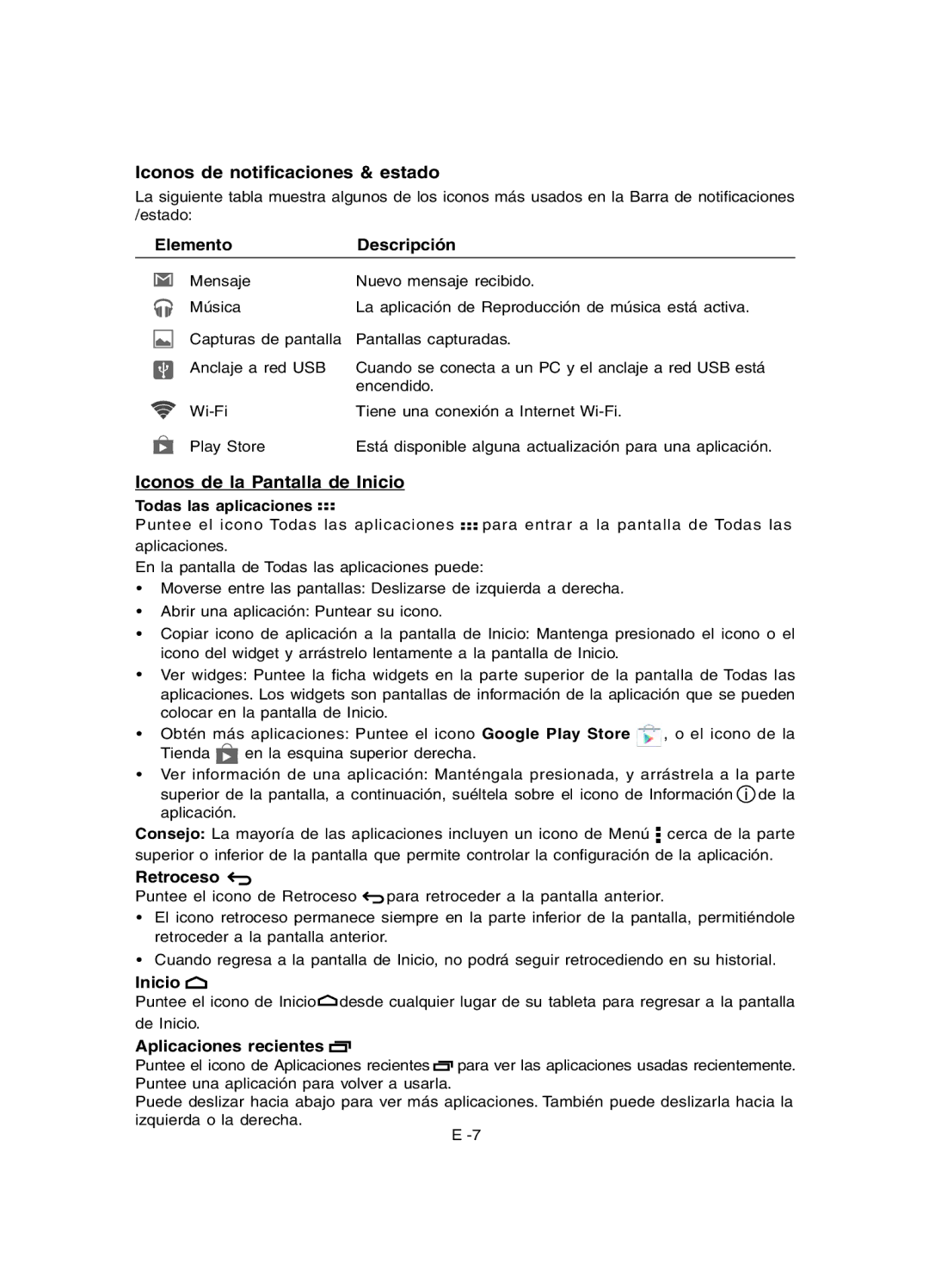 RCA RCT6077W2 user manual Iconos de notiﬁcaciones & estado, ElementoDescripción, Iconos de la Pantalla de Inicio, Retroceso 