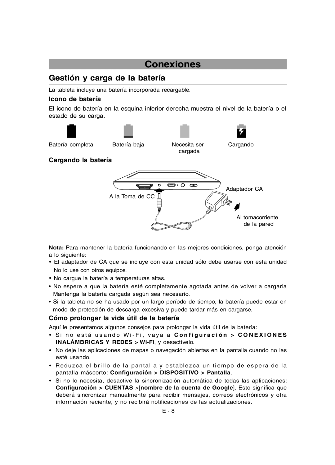 RCA RCT6077W2 user manual Conexiones, Gestión y carga de la batería, Icono de batería, Cargando la batería 