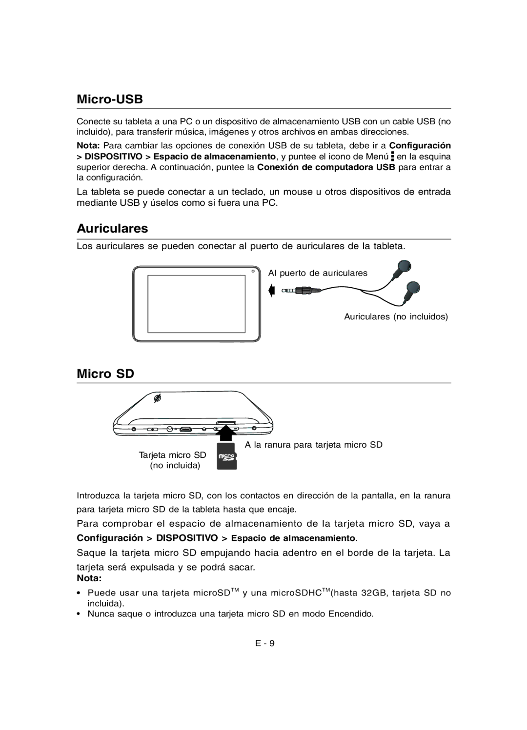 RCA RCT6077W2 user manual Auriculares, Conﬁguración Dispositivo Espacio de almacenamiento, Nota 