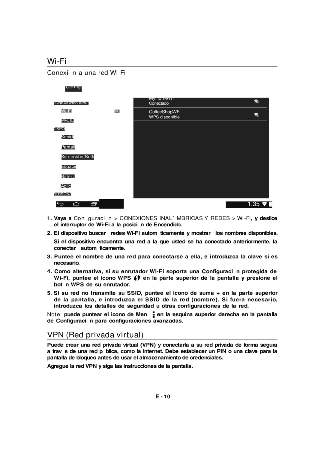 RCA RCT6077W2 user manual VPN Red privada virtual, Conexión a una red Wi-Fi 