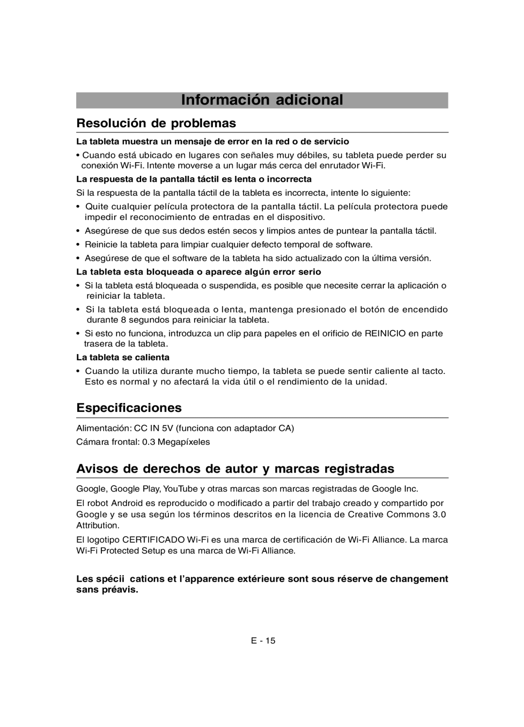 RCA RCT6077W2 user manual Información adicional, Resolución de problemas, Especificaciones 