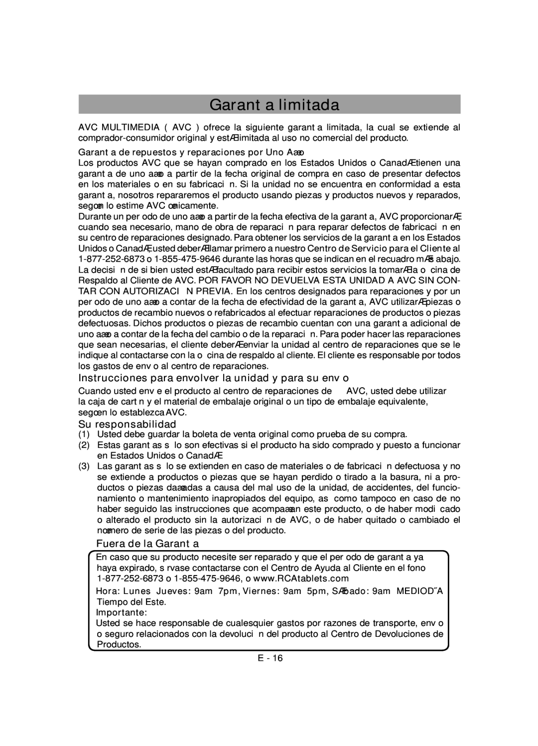 RCA RCT6077W2 user manual Garantía limitada, Instrucciones para envolver la unidad y para su envío, Su responsabilidad 