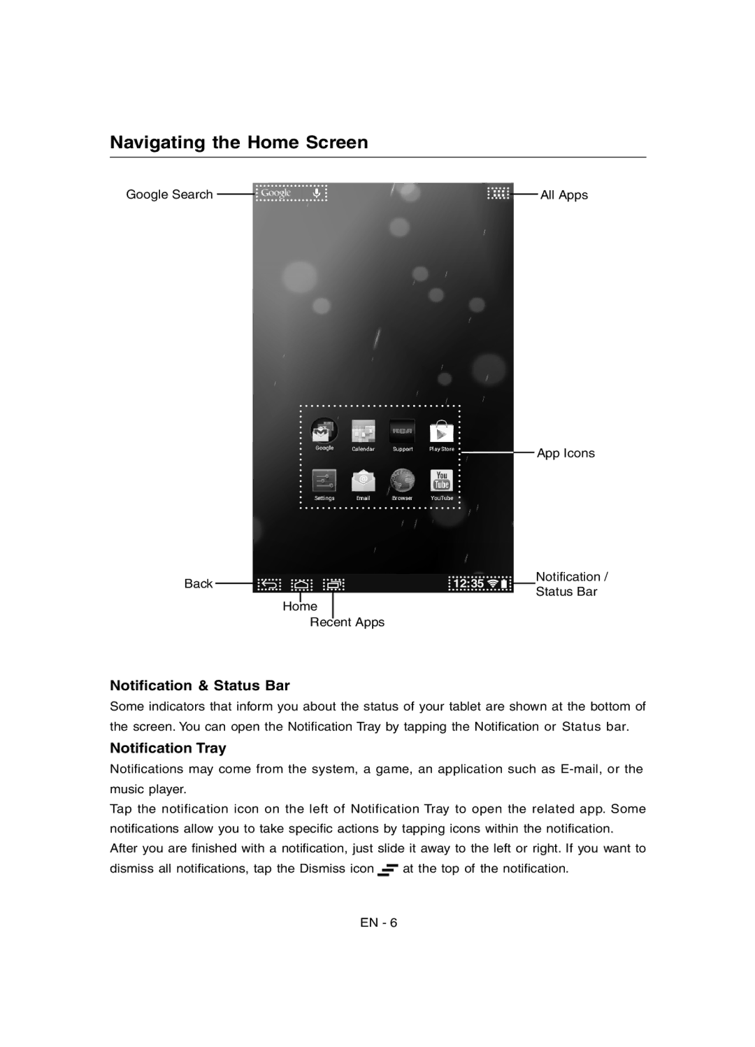 RCA RCT6077W2 user manual Navigating the Home Screen, Notiﬁcation & Status Bar, Notiﬁcation Tray 