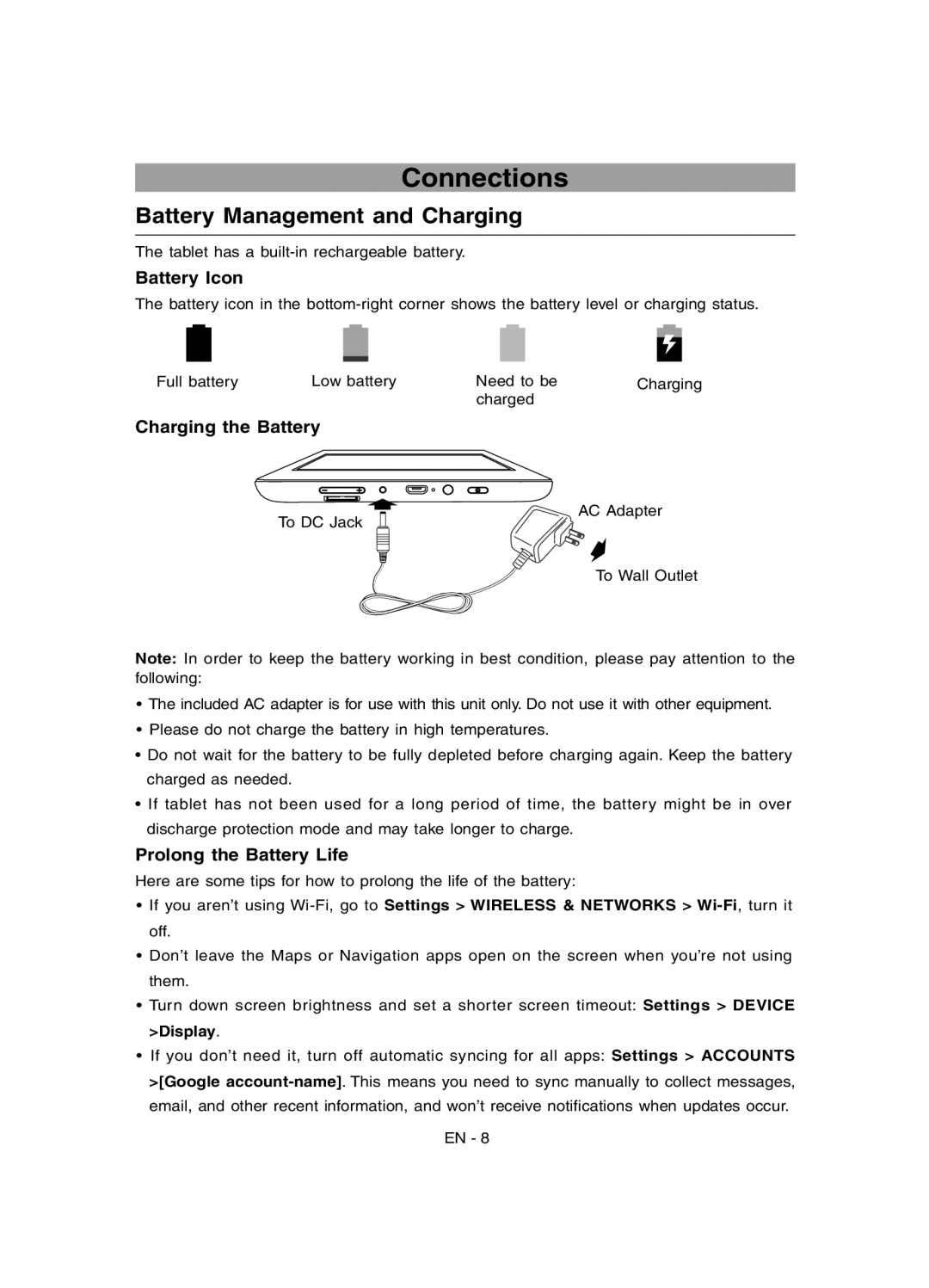 RCA RCT6077W2 Connections, Battery Management and Charging, Battery Icon, Charging the Battery, Prolong the Battery Life 