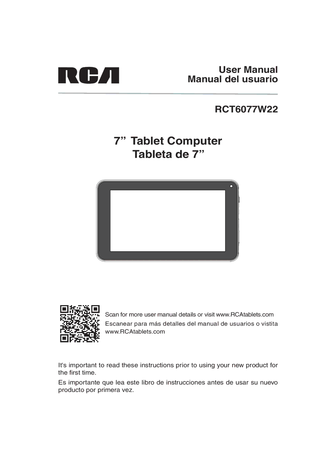 RCA user manual Tablet Computer Tableta de, Manual del usuario RCT6077W22 