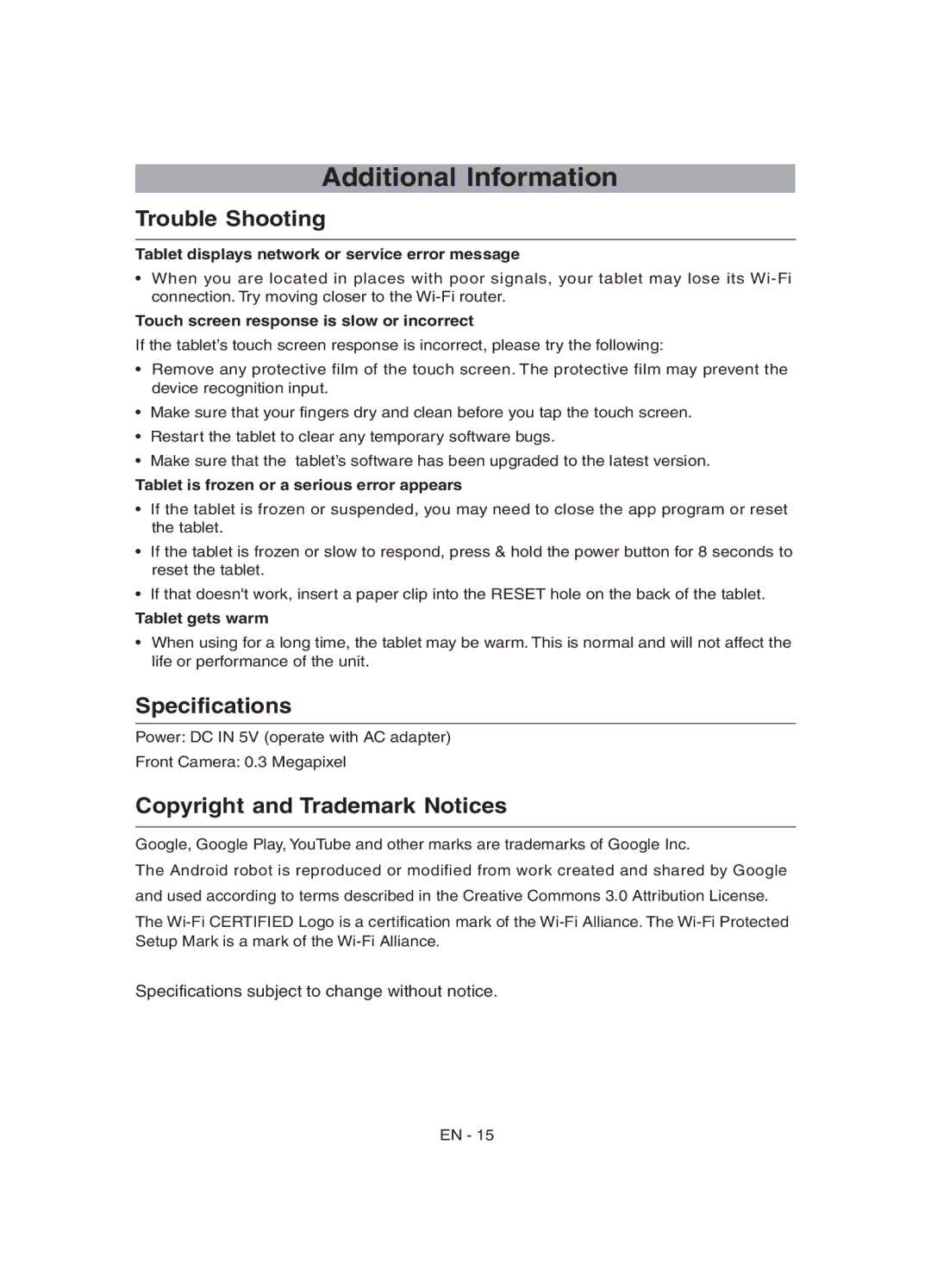 RCA RCT6077W22 user manual Additional Information, Trouble Shooting, Specifications, Copyright and Trademark Notices 