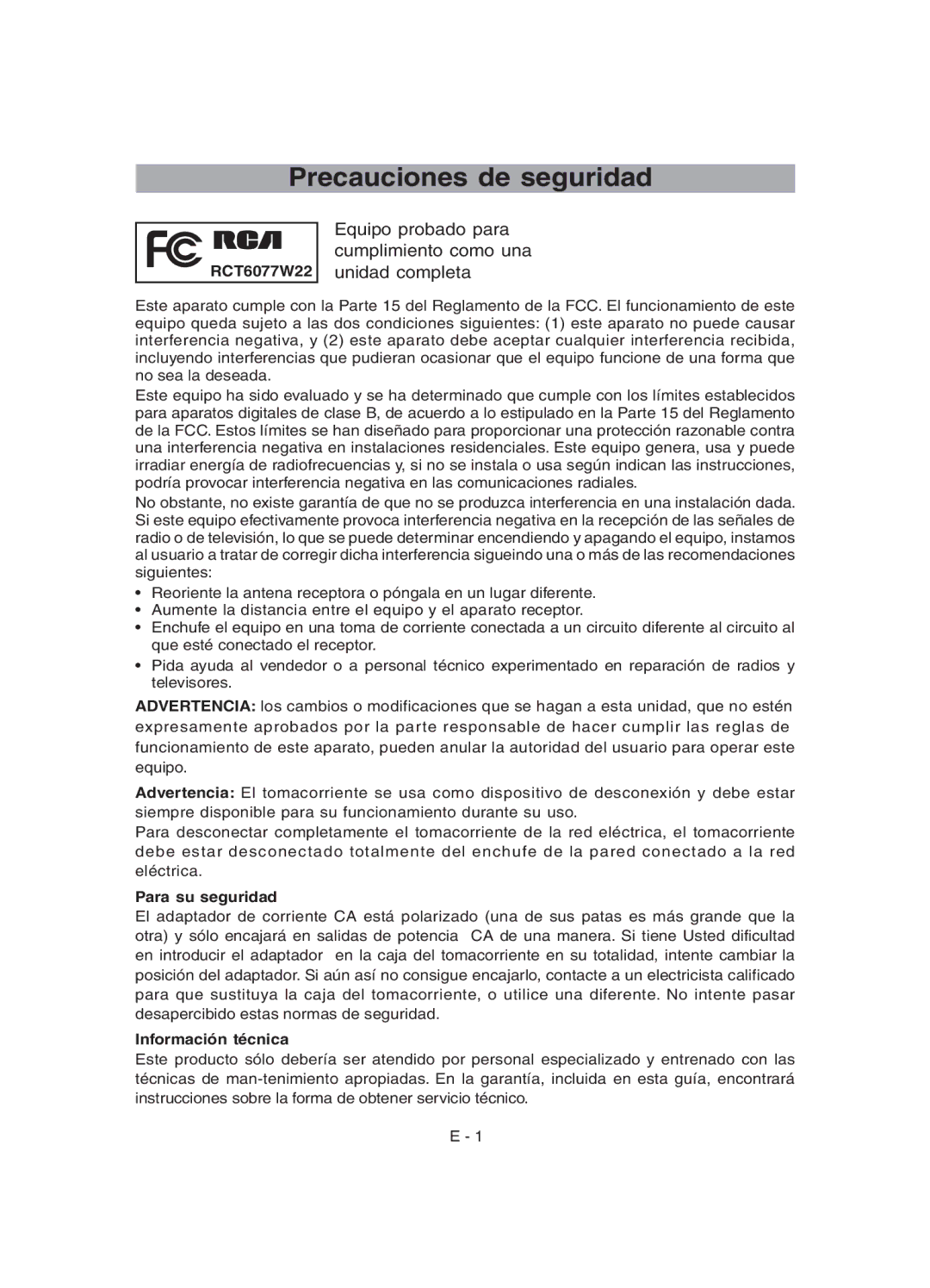 RCA RCT6077W22 user manual Precauciones de seguridad, Para su seguridad, Información técnica 