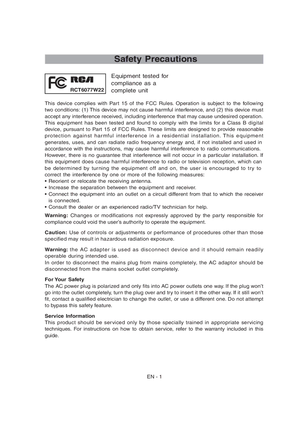 RCA RCT6077W22 user manual Safety Precautions, For Your Safety, Service Information 