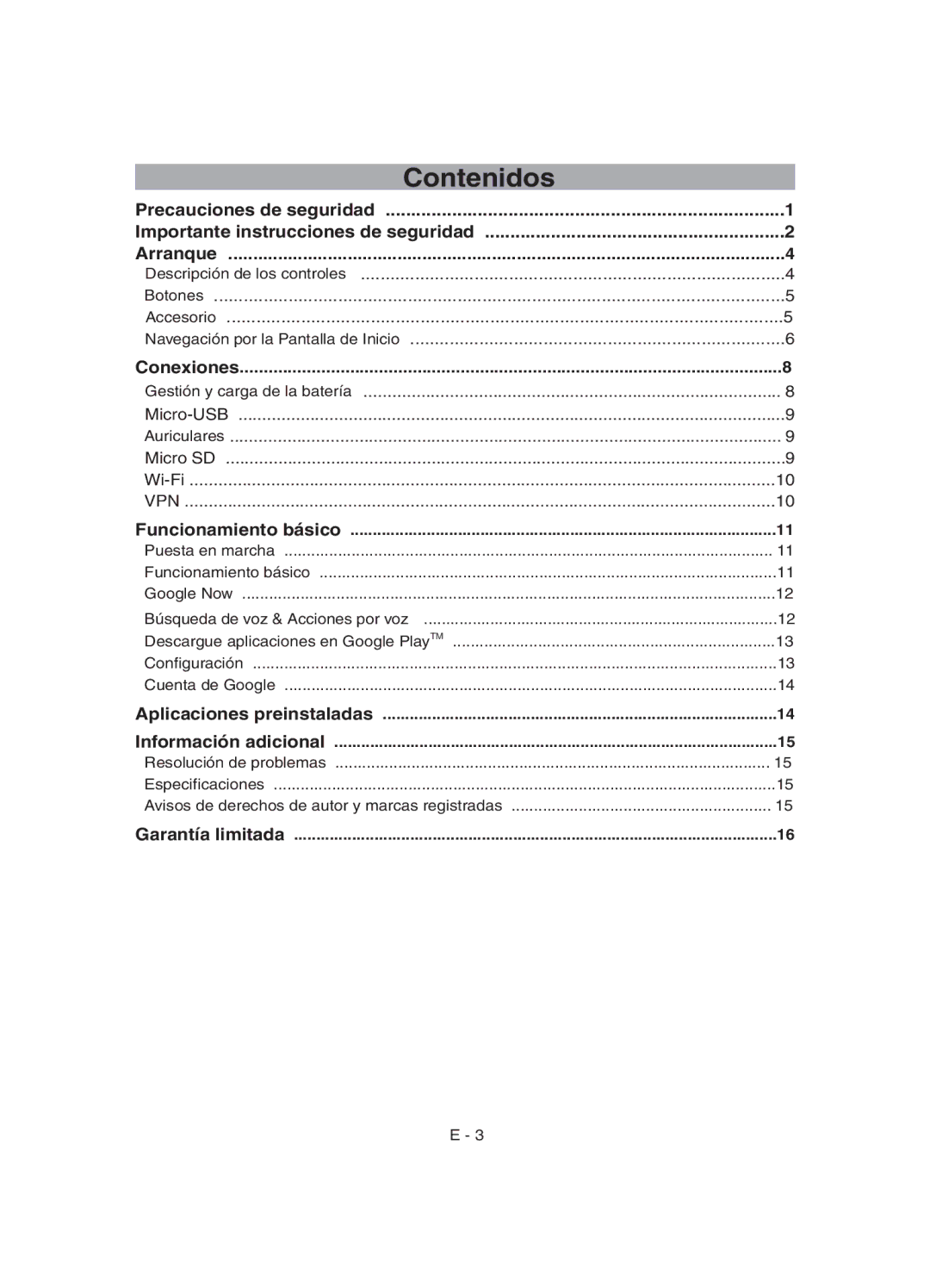 RCA RCT6077W22 user manual Contenidos, Conexiones, Funcionamiento básico, Aplicaciones preinstaladas Información adicional 