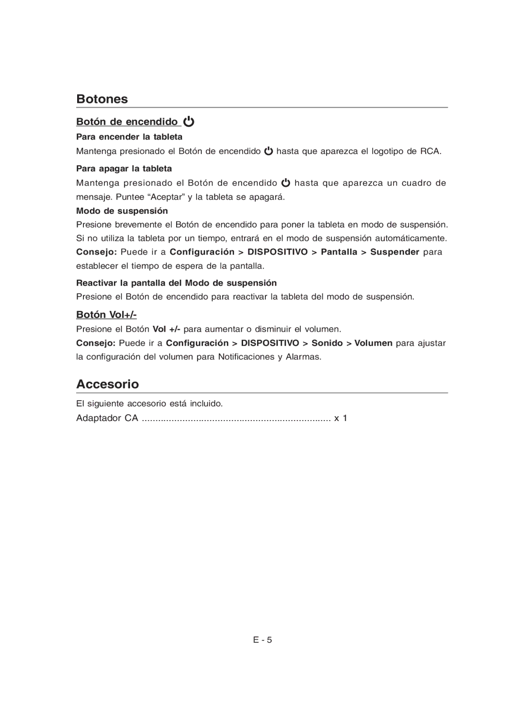 RCA RCT6077W22 user manual Botones, Accesorio, Botón de encendido, Botón Vol+ 