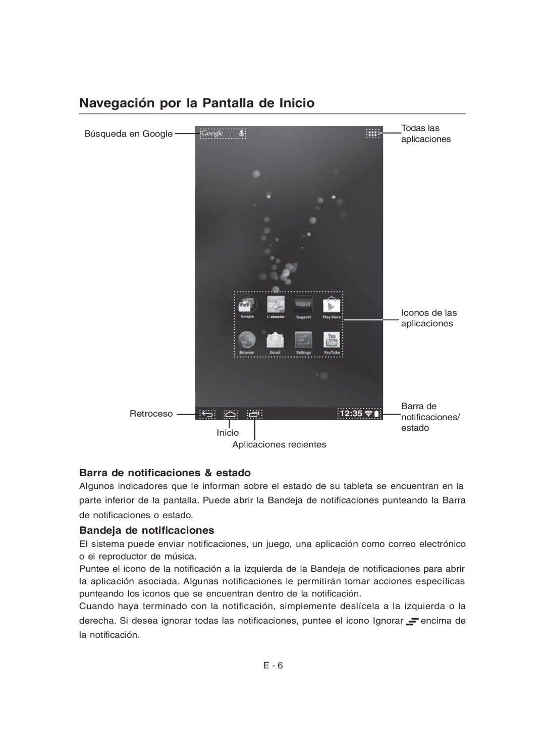 RCA RCT6077W22 user manual Navegación por la Pantalla de Inicio, Barra de notiﬁcaciones & estado, Bandeja de notiﬁcaciones 