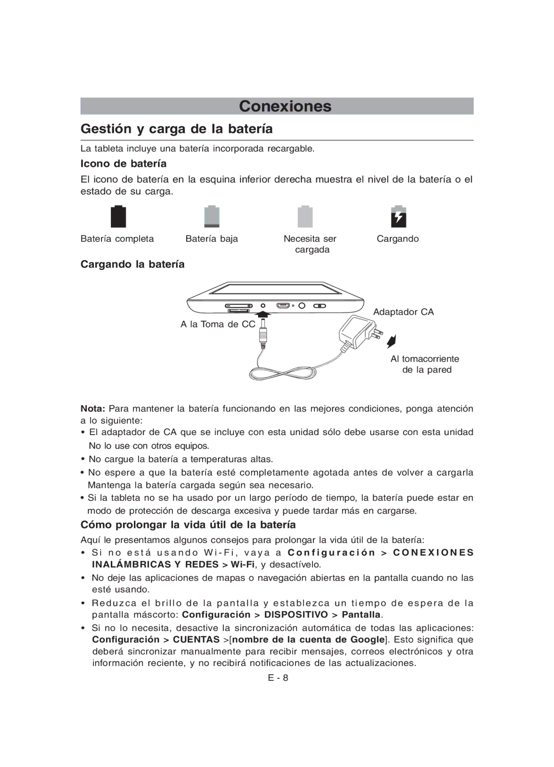 RCA RCT6077W22 user manual Conexiones, Gestión y carga de la batería, Icono de batería, Cargando la batería 