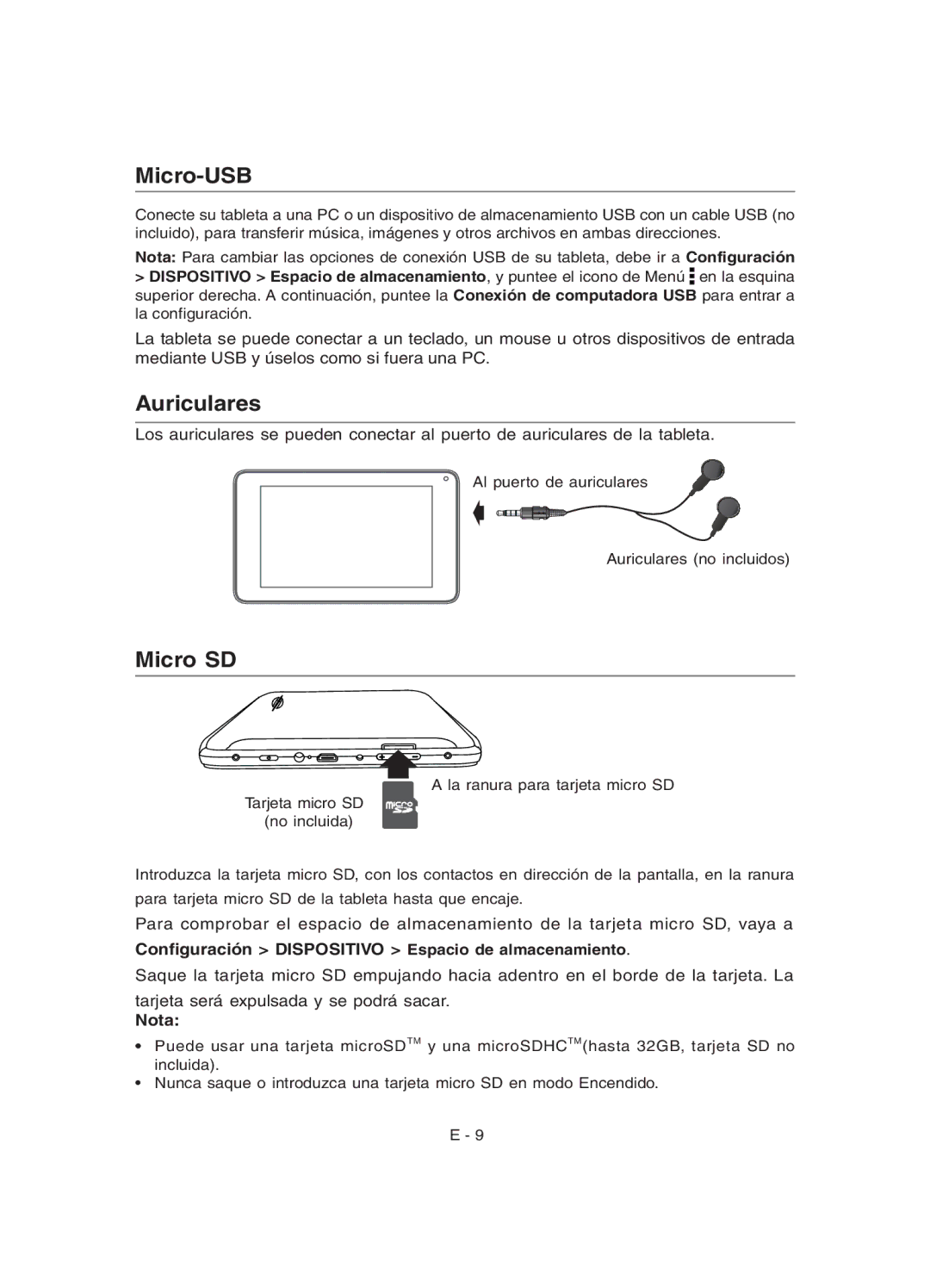 RCA RCT6077W22 user manual Auriculares, Conﬁguración Dispositivo Espacio de almacenamiento, Nota 