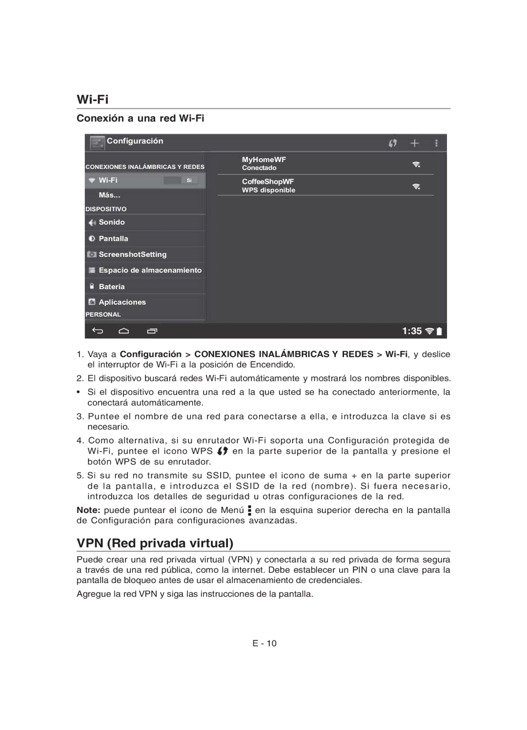 RCA RCT6077W22 user manual VPN Red privada virtual, Conexión a una red Wi-Fi 