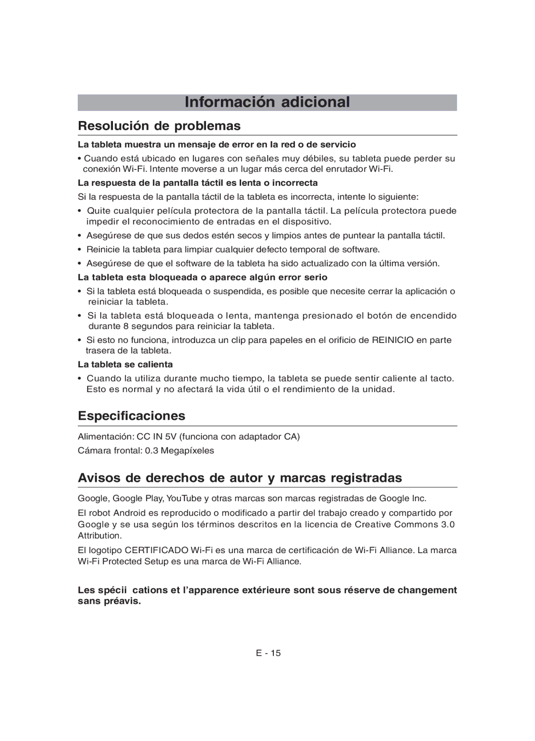 RCA RCT6077W22 user manual Información adicional, Resolución de problemas, Especificaciones 