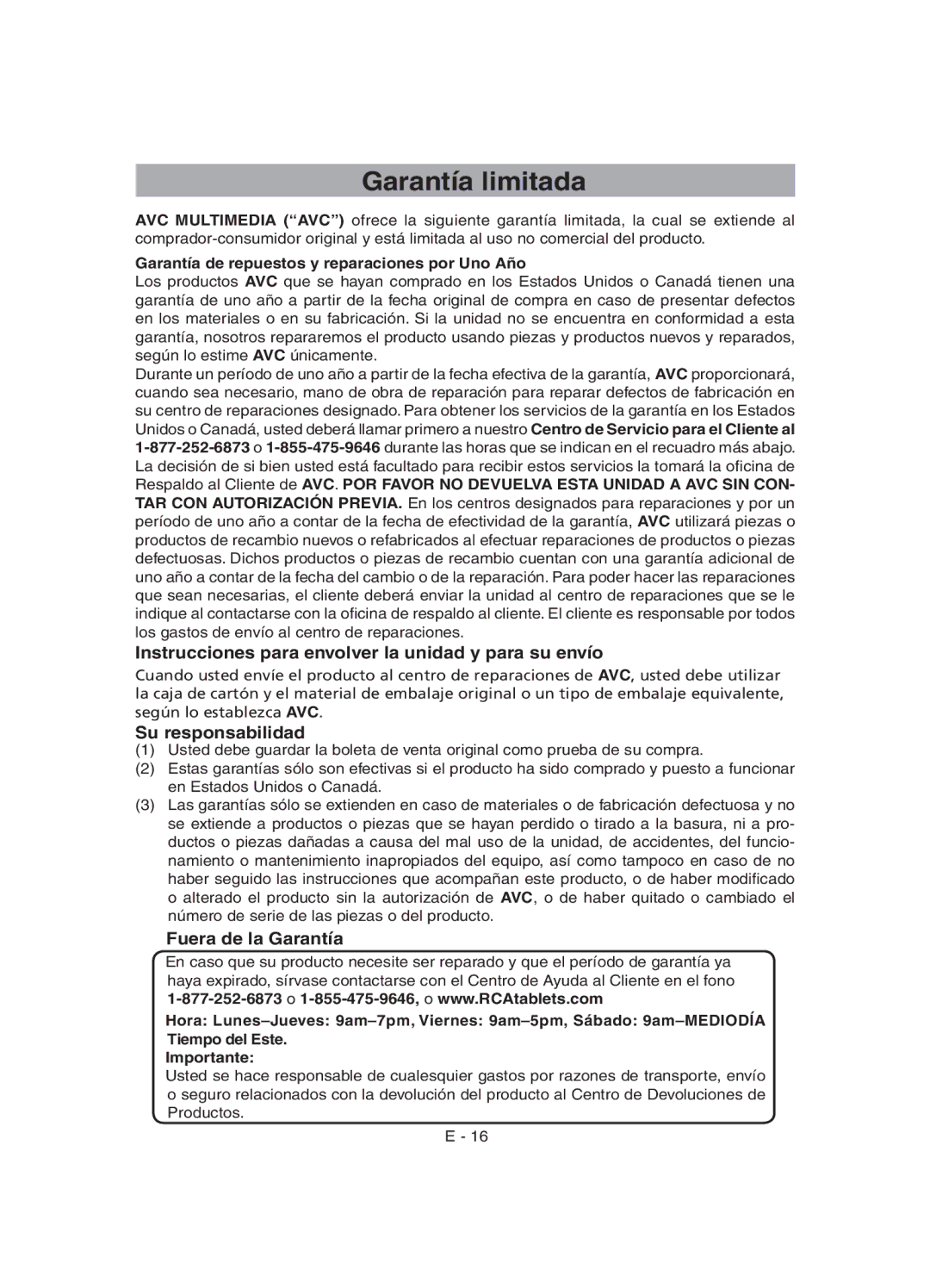 RCA RCT6077W22 user manual Garantía limitada, Instrucciones para envolver la unidad y para su envío, Su responsabilidad 