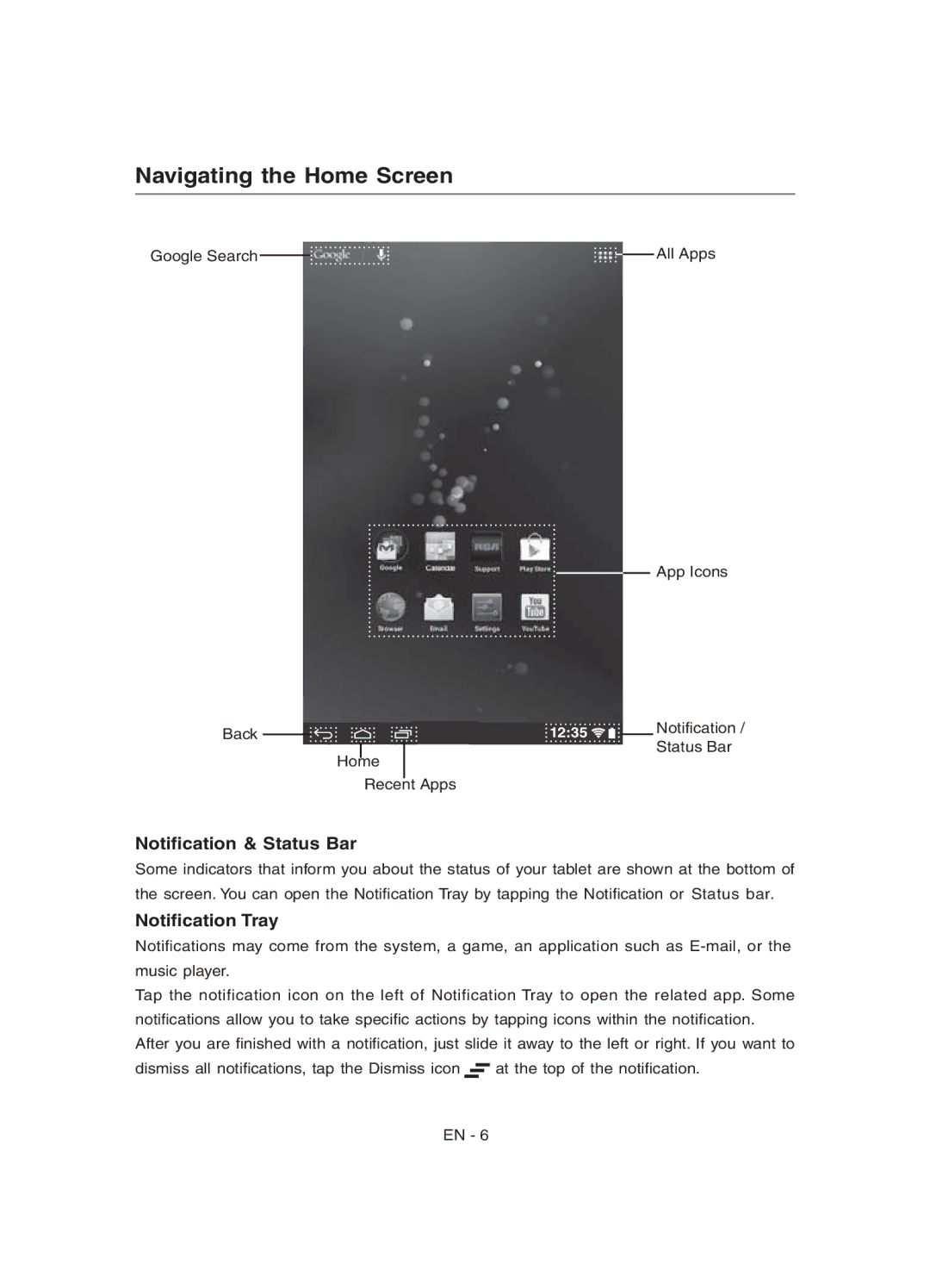 RCA RCT6077W22 user manual Navigating the Home Screen, Notiﬁcation & Status Bar, Notiﬁcation Tray 