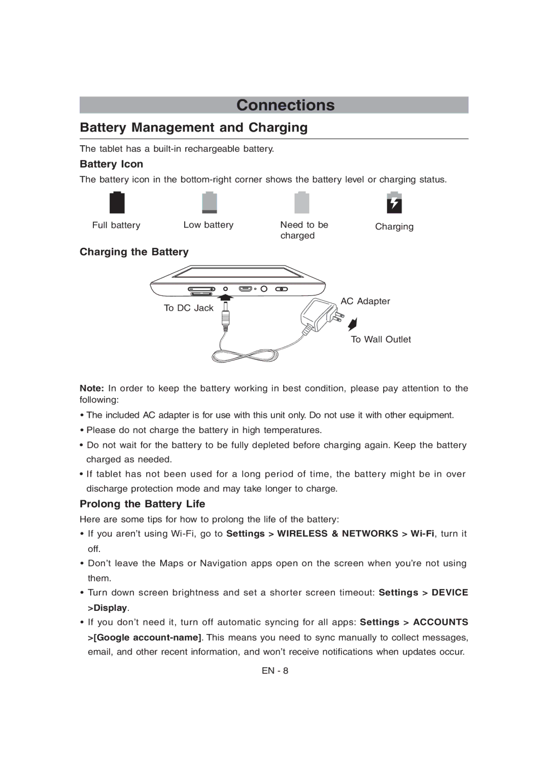 RCA RCT6077W22 Connections, Battery Management and Charging, Battery Icon, Charging the Battery, Prolong the Battery Life 