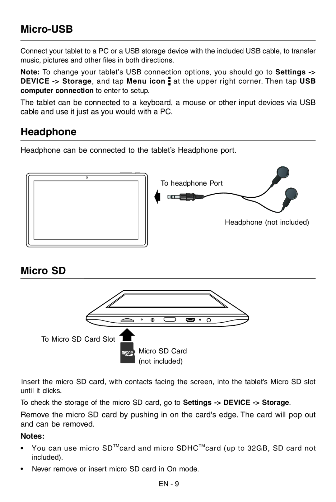 RCA RCT6103W46 user manual Micro-USB, Headphone, Micro SD 