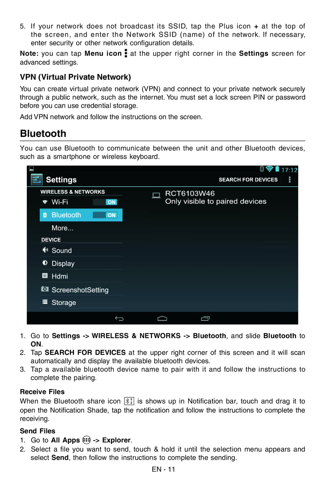 RCA RCT6103W46 user manual Bluetooth, VPN Virtual Private Network, Receive Files, Send Files Go to All Apps Explorer 