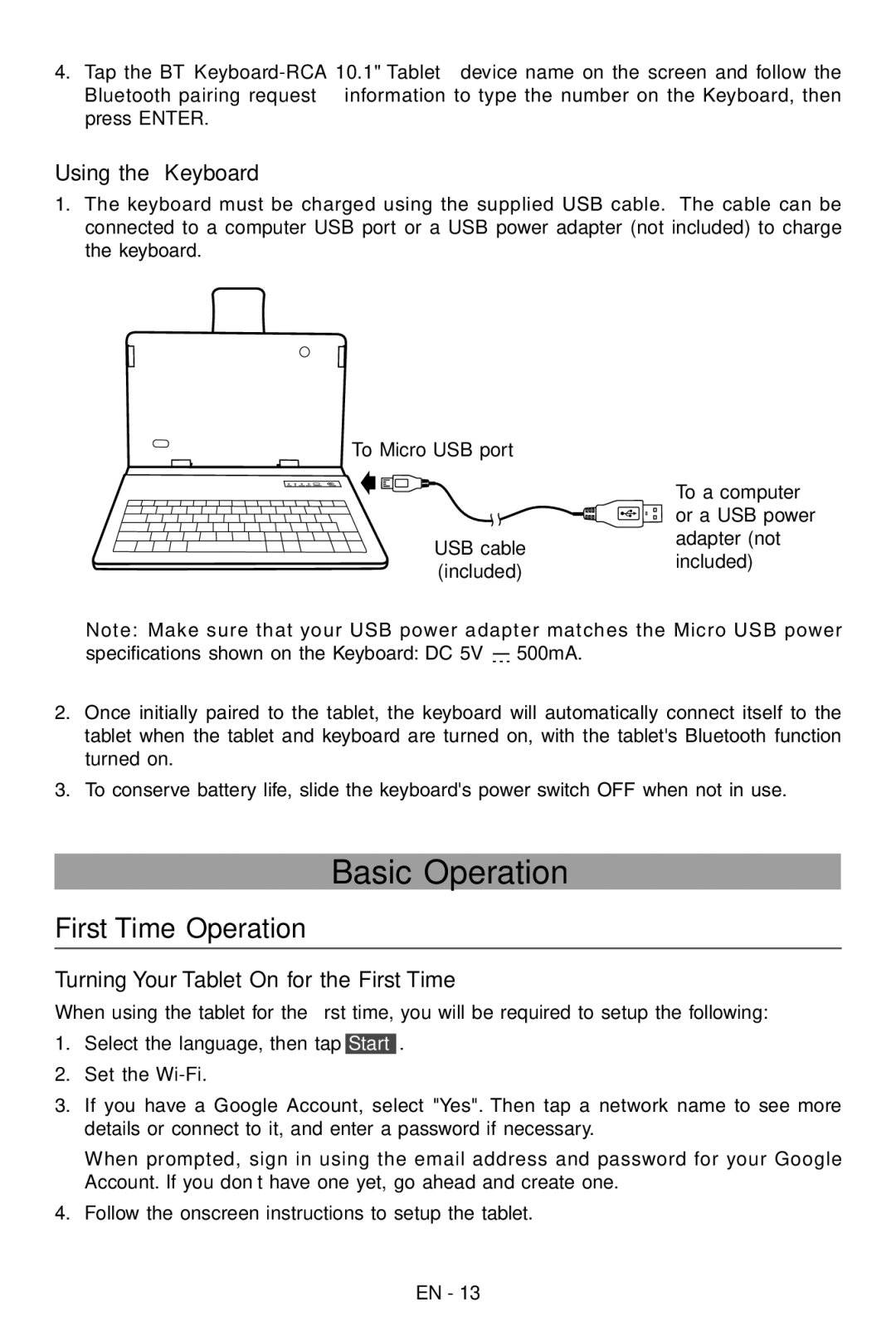 RCA RCT6103W46 Basic Operation, First Time Operation, Using the Keyboard, Turning Your Tablet On for the First Time 