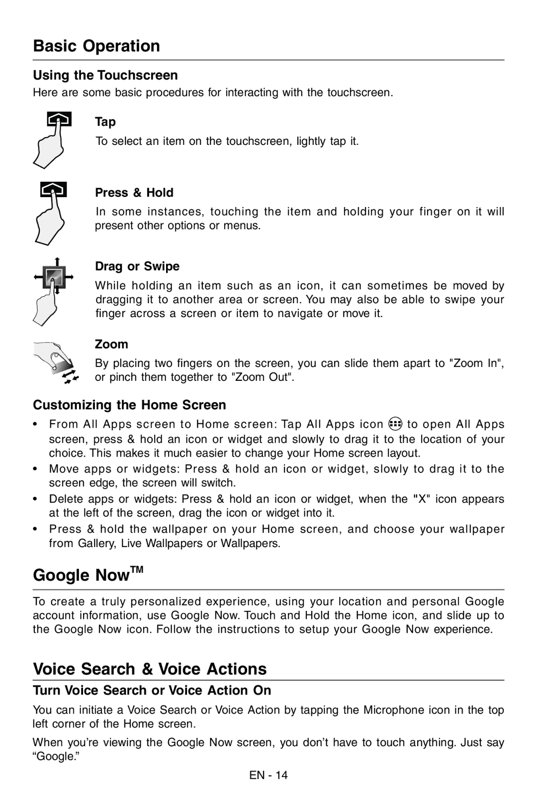 RCA RCT6103W46 user manual Basic Operation, Google NowTM, Voice Search & Voice Actions 