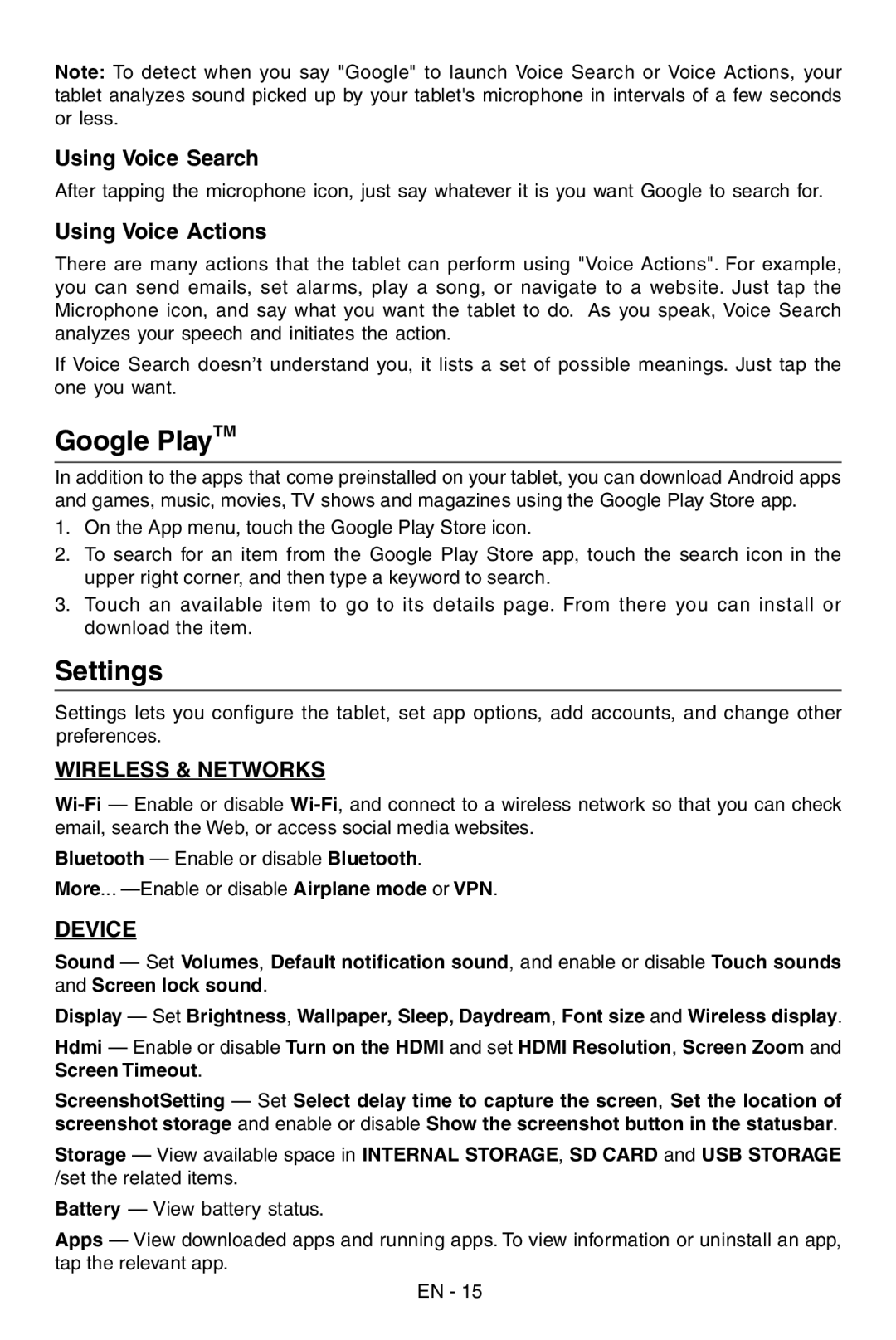 RCA RCT6103W46 user manual Google PlayTM, Settings, Using Voice Search, Using Voice Actions 