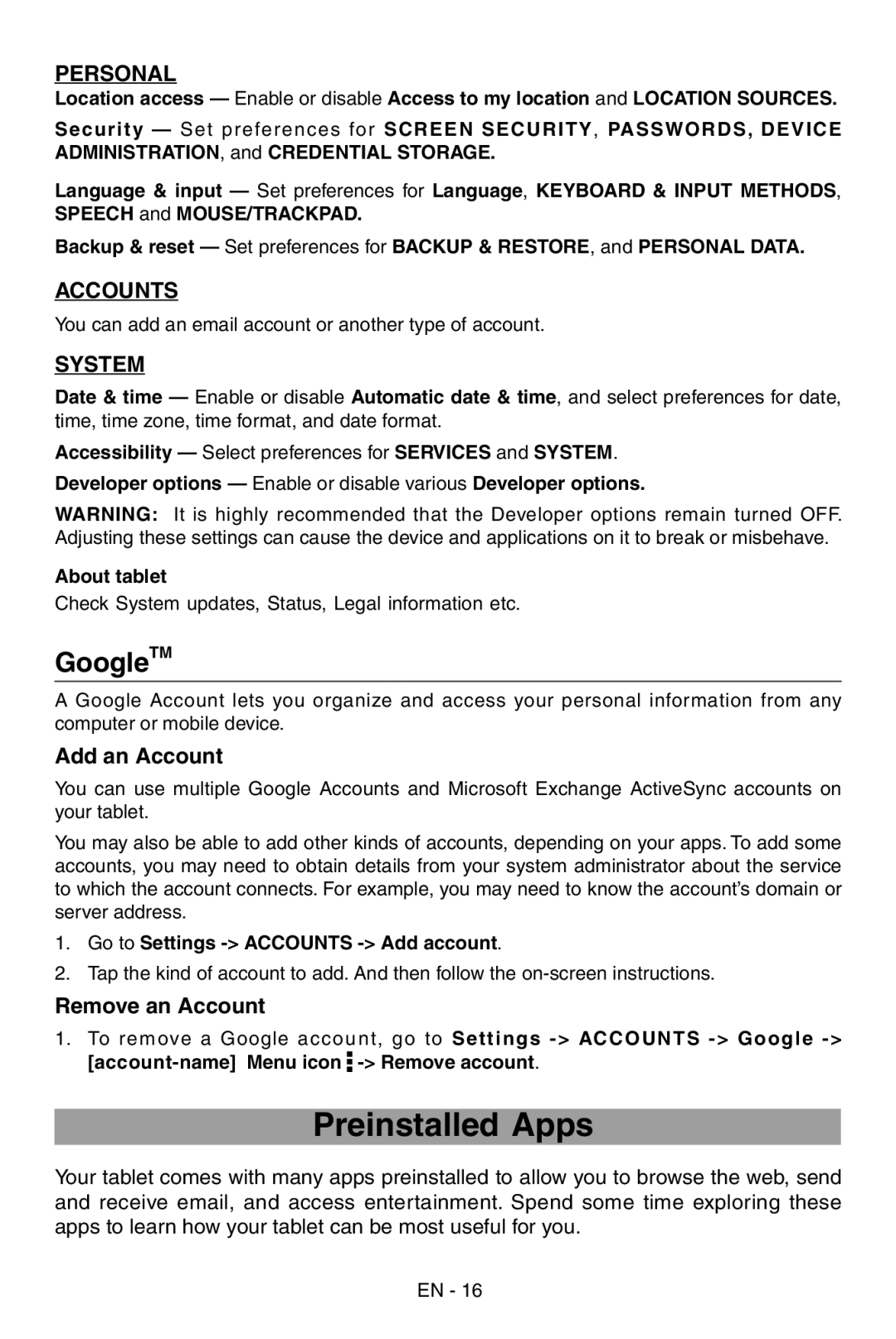 RCA RCT6103W46 Preinstalled Apps, GoogleTM, Add an Account, Remove an Account, Go to Settings Accounts Add account 