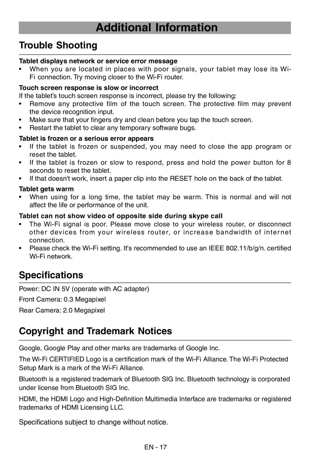 RCA RCT6103W46 user manual Additional Information, Trouble Shooting, Specifications, Copyright and Trademark Notices 